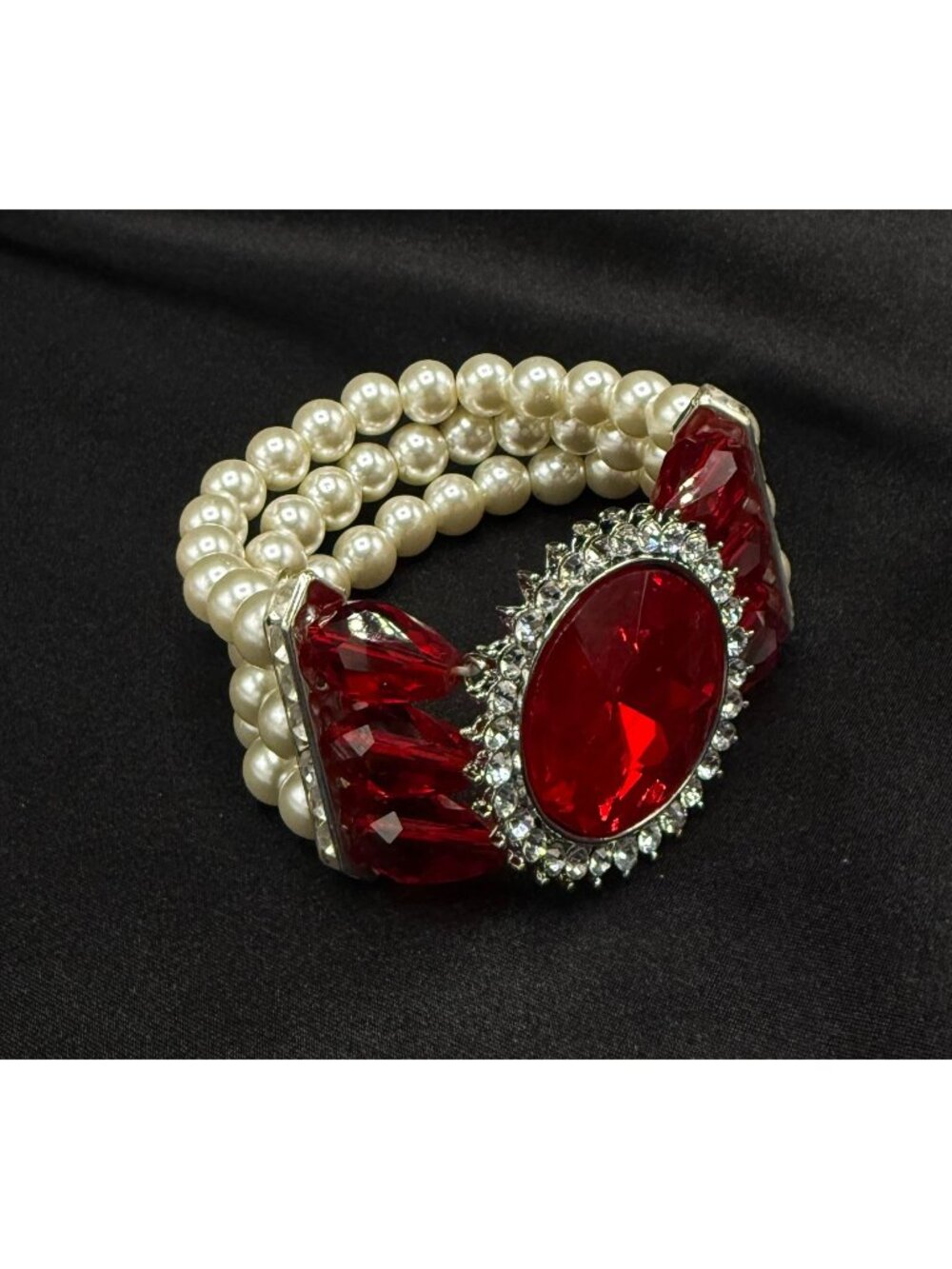 Vintage 1980's-1990's Red Rhinestone & Faux Pearl Statement Bracelet